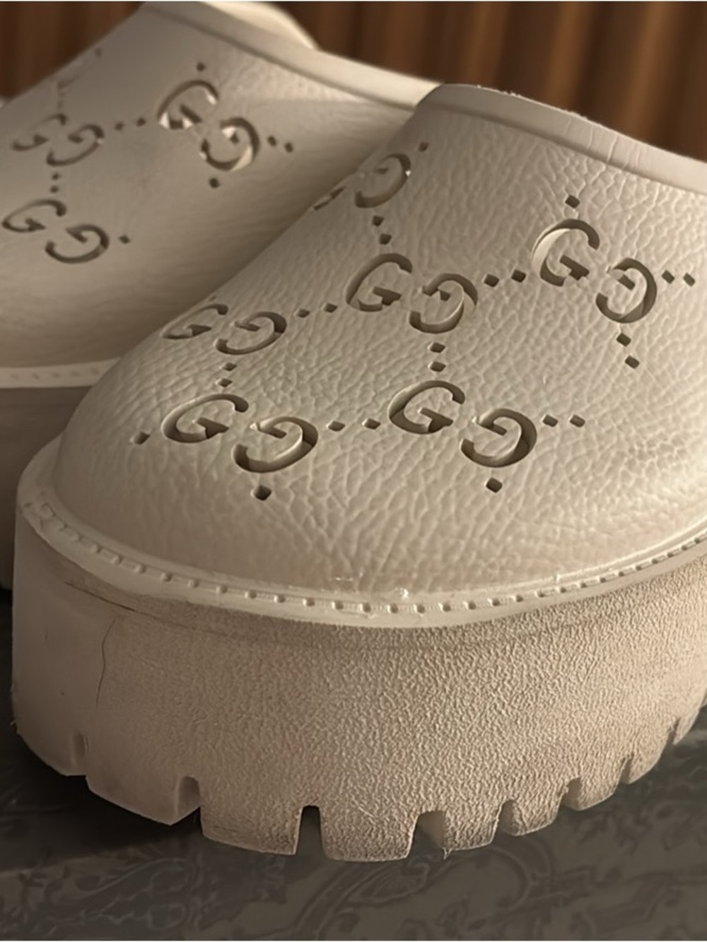 Gucci White Perforated GG Leather Platform Mules